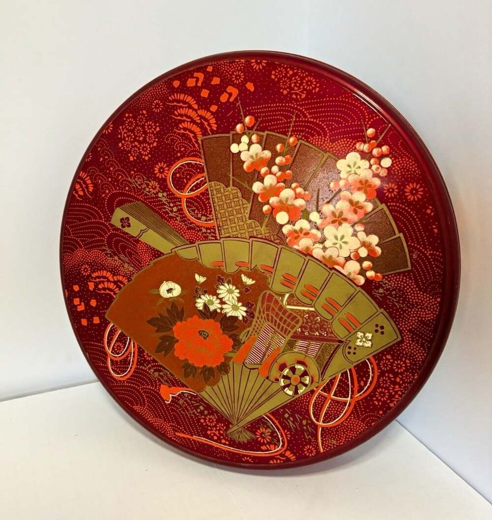 Vintage Japanese Lacquerware Round Lidded Box Floral Fan 11" Made in Japan